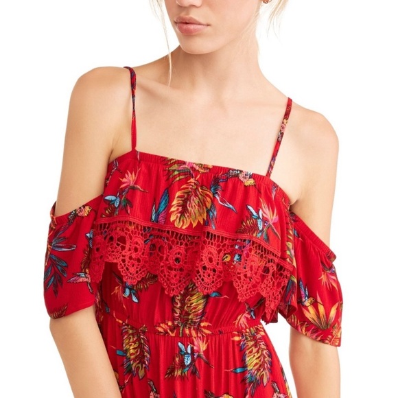 No Boundaries Red Maxi Hummingbird Pattern Cold Shoulder Sundress Women’s Small - Picture 3 of 14